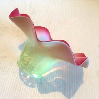 Antique Cranberry Opalescent Glass Lily Lamp Shade Uranium Glass 2 1/4 " Fitter