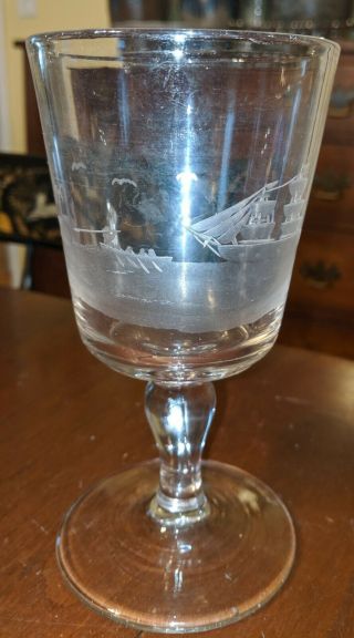 Rare Antique American Whaling Ship Engraved Glass Goblet 19th Century