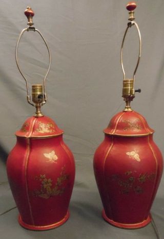 Vintage Modern Pair Red Oriental Lacquer Ginger Jar Lamps Cooper Chapman Era