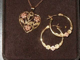 Vtg Black Hills 10k Gold Heart & Roses Necklace W/ Matching Earrings