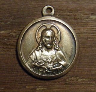 Antique Religious Silvered Medal Pendant Sacred Heart Of Jesus