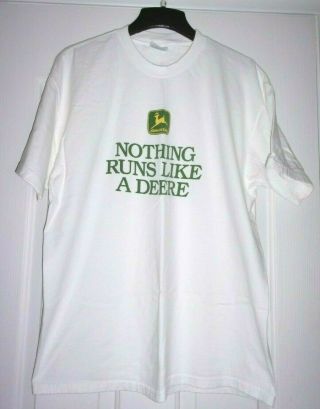 Vintage White John Deere Clothing Tractor T Shirt Nothing Runs Like Deere & Logo
