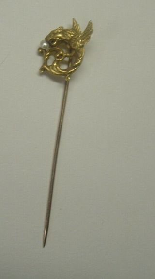 Antique Victorian Yellow Gold Double Winged Griffin / Dragon Stick Pin Pearl