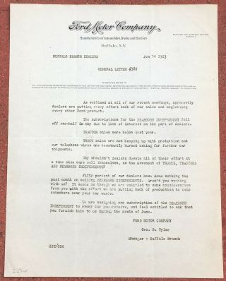 June 14,  1923 Ford Motor Company Letter To Its Dealers