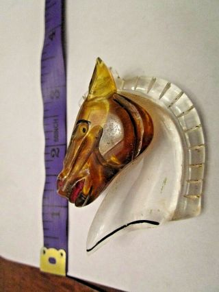 Carved Lucite Horse Head Brooch Pin,  Vintage Early Plastic Horse Brooch Pin