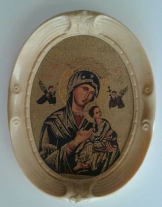 Vintage Madonna Child Guilded Print Mother Of Perpetual Help Oval Plastic Frame