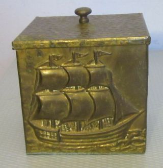 Antique Hand Hammered Brass Sailing Ship Tea Caddy Tobacco Box Tin Lined 5 "