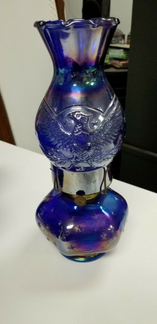 Rare Le Smith Vintage Cobalt Blue Carnival Glass Eagle & Stars Kerosene Oil Lamp