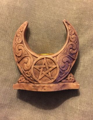 Crescent Moon Pentacle Pagan Candle Holder - Wood Finish - By Paul Borda
