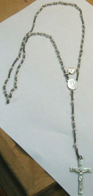 Vintage Rosary Jesus On Cross Pearl Beads Brass Link Chain Extra Strong Italy