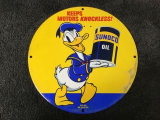 Vintage Disney Donald Duck Sunoco Porcelain Sign Oil Service Station Pump Plate