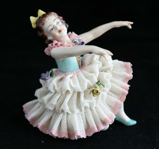 Antique German Volkstedt Dresden Lace Kneeling Girl Ballerina Dancer Figurine 3