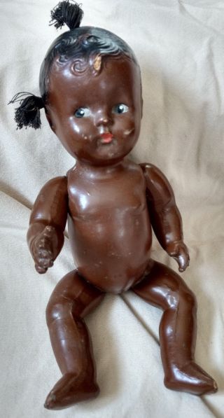 Antique Black Americana Composition Baby Doll Jointed Topsy 1940s 12 " Vtg
