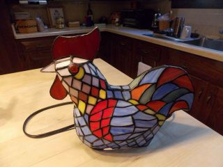 Vintage Stained Glass Multi Color Rooster Lamp 12 1/2 Tall