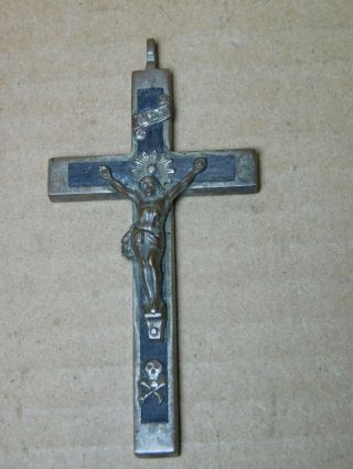 Vintage Wood And Metal Catholic Crucifix With Skull And Crossbones