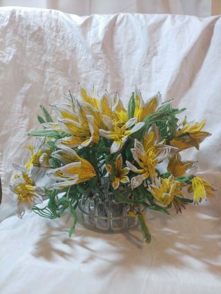 Vintage French Yellow Glass Seed Beaded Flowers Bouquet