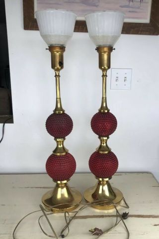 2 Vintage Ruby Red Hobnail Glass Balls Brass Table Boudoir Lamps Torchiere Shade