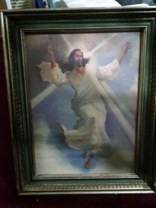 Vtg Antique Wood Framed Print Religious Jesus Raised From The Cross