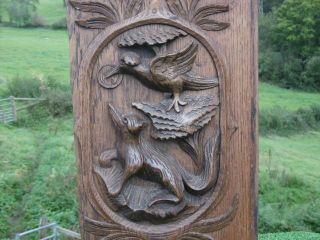 19thc Black Forest Oak Carved Panel With Fox & Bird C.  1870