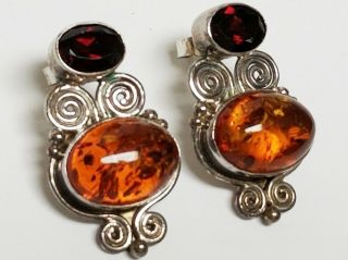 Vintage Signed SAJEN 925 Sterling Silver Garnet & Amber Pierced Earrings 2