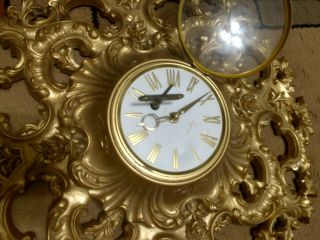 SYROCO 8 Day Wind Up Wall Clock Ornate Hollywood Regency Gold with Key - 2
