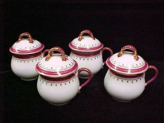 (set Of 4) Antique 19th Cranberry Gold Porcelain Pot De Creme Cup & Lid Excellnt