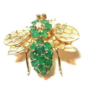Vintage 14 Gold Insect Bumble Bee Pin/ Brooch/pendent 20 Emeralds And 1 Diamond