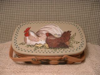 Wood Basket With Solid Wood Top,  Rooster And Hen Hand Painted Folk Art