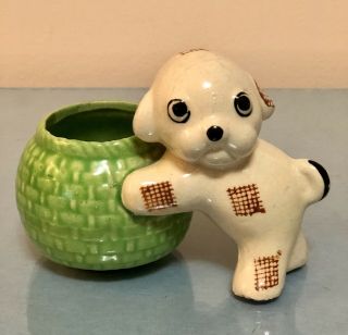 Small Vtg 1940 - 50’s Japan Art Puppy With Green Basket,  Dog Planter Flower Vase