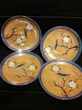 4 Vintage Japanese Saucers Lusterware Bird Blossom Oriental Style Tearooms