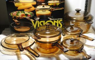 Vintage 11 Piece Amber Corning/pyrex Visions Cookware V - 500 Set W/ Box Rare