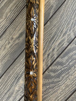 Vtg Hand Carved Wood & Pearl Inlay Pool Cue