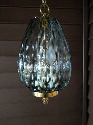Vintage Blue Gray Glass Globe Hanging Chain Swag Lamp / Mid Century Modern Light