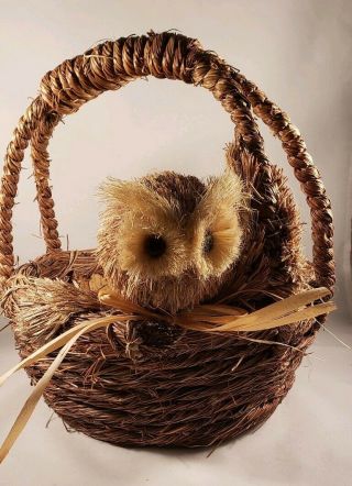 Vintage Owl Trinket Wicker Basket Farmhouse Decor