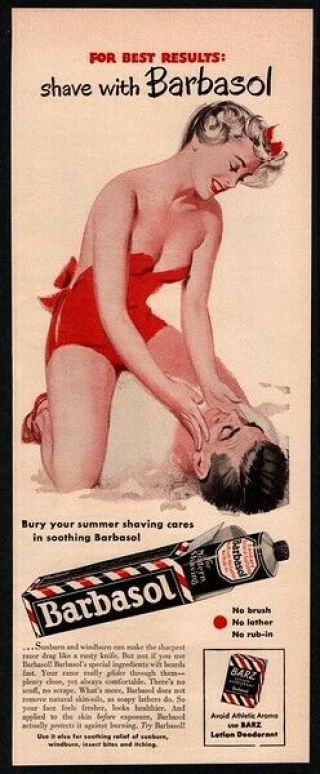 1950 Barbasol Shaving Cream Sexy Woman In Bathing Suit Wrestling Man Vintage Ad