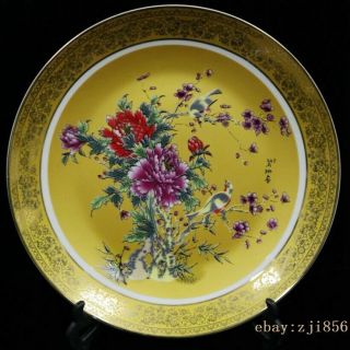 Old China Porcelain Color Hand Painted Flower Bird Golden Rim Plate