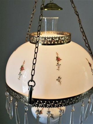 Vintage Swag Hanging Hurricane Lamp Hand Painted Flowers Glass Shade Prisms 3