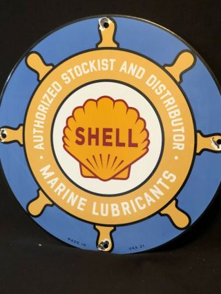 Shell Marine Lubricants Porcelain Gas Pump Plat Sign,  Shell Oil Marked Usa 21