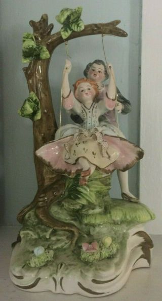 Mid 1800’s Antique Italian Capodimonte Signed Boy & Girl On Swing Figurine
