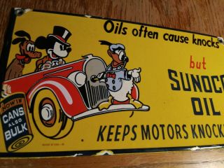 Sunoco Oil Porcelain Sign Mickey Mouse Donald Duck Goofy Vintage Walt Disney Art
