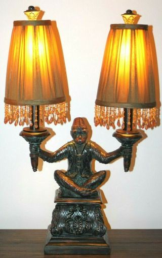 2 Foot Tall Vintage Maitland Smith Retired 2 Arm Figural Monkey Lamp W/ Shades.