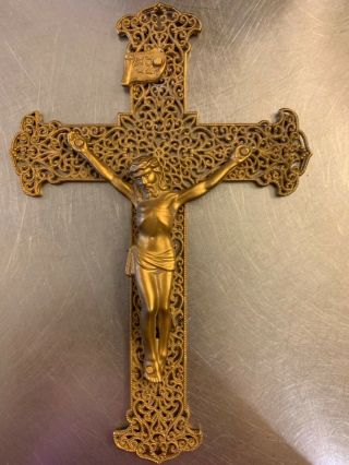 Vintage Crucifix Cross Gold Rococo Filigree Metal Brass Wall Inri Jesus Christ