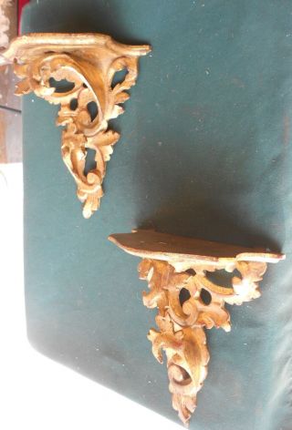 Vintage Pair Italian Florentia Gold Gilt Carved Wood Wall Sconses