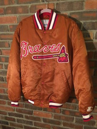 Vintage Atlanta Braves Satin Starter Jacket Dugout Burnt Orange Mens Large