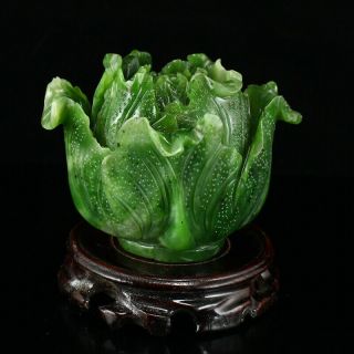 Chinese Natural Green Hetian Jade Fortune Cabbage Statue W Certificate