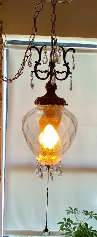 Vintage Mcm Diamond Cut Glass Hanging Swag Lamp Light Chandelier Prisms Retro