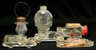 6 Antique Glass Candy Containers,  Battleship,  Cars,  Fire Engine,  Lantern,  Santa