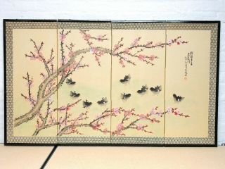 Vtg Japanese Chinese 4 Panel Folding Screen Byobu Painted 60x35 Antique Signed
