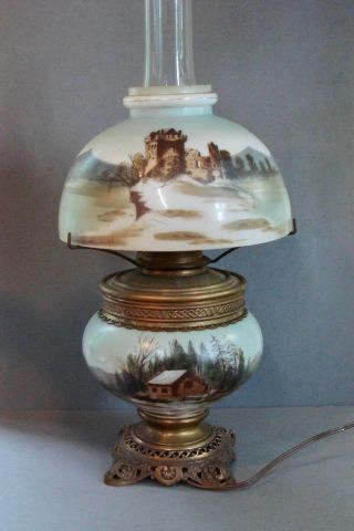 Antique Hand Painted Milk Glass Table Lamp Oil Converted To Electric