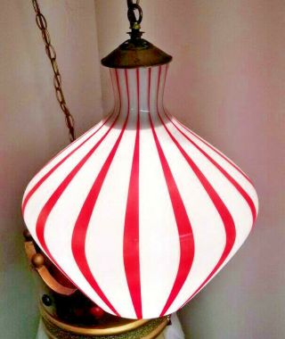 Vintage 1950s Peppermint Red & White Striped Glass Hanging Swag Lamp Light Retro